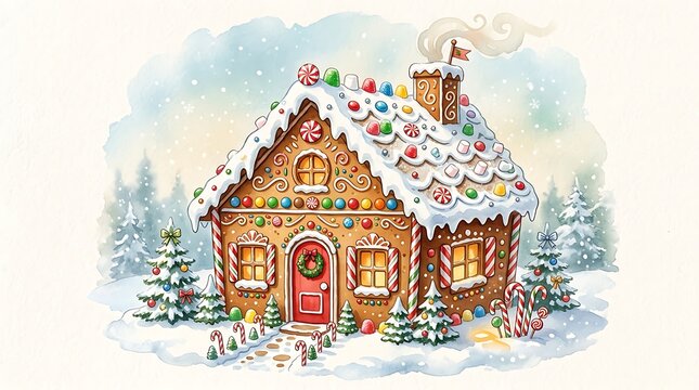 Watercolor gingerbread house with candy decorations in a snowy winter landscape