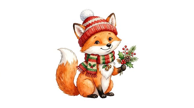 Cute cartoon fox wearing a winter hat and scarf holding a festive holiday sprig isolated on white background