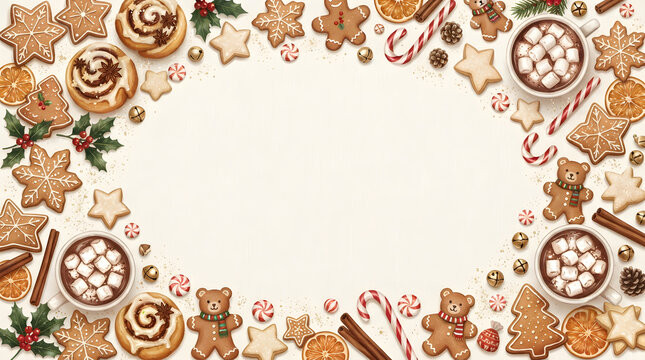 Sweet Winter Holiday Border Background Featuring Gingerbread Men, Candy Canes, and Marshmallow Mugs with Copy Space