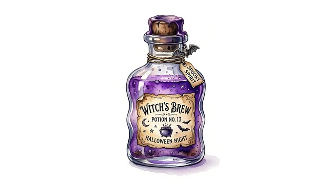 Witchs brew potion bottle with purple liquid, bat charm, and halloween label isolated on white background