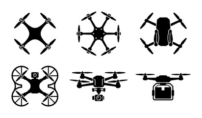 Fototapeta premium Drone Icons Collection, Aerial Vehicle Silhouettes, Quadcopter Vector Graphics, Unmanned Aircraft Set for Delivery and Surveillance