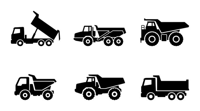 Set of 6 Black Silhouette Dump Truck Icons, Heavy Machinery Vector Graphics, Construction Vehicle Illustrations for Industrial and Transport Design