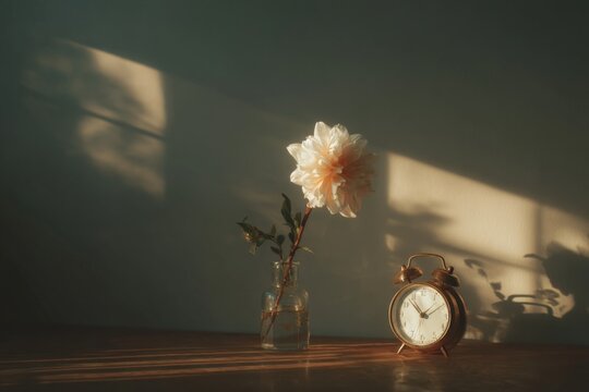 Morning light shines on a flower and clock in a quiet indoor setting