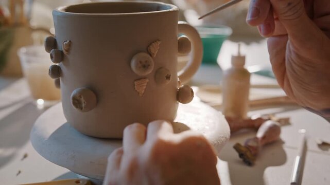 Potter paints protruding clay ornaments on handmade ceramic mug