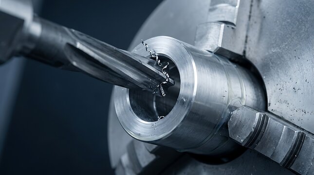 Closeup of a metal reamer tool finishing the inner diameter of a cylindrical steel part on a lathe machine