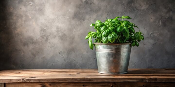A vibrant basil plant in a rustic metal container sits on a weathered wooden surface against a textured gray backdrop