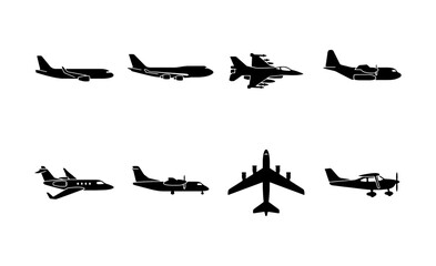 Diverse Aircraft Silhouettes Collection, Aviation Icons Set, Commercial Jets, Fighter Planes, Propeller Aircraft, Vector Graphics for Transport and Travel Themes © Sobur