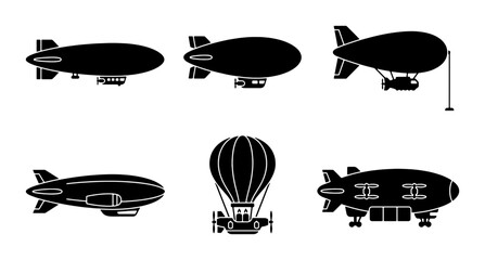 Set of Six Black Silhouette Airships and Blimps, Vintage Zeppelins, Modern Dirigibles, Hot Air Balloon Iconography, Aviation Transport Graphics © Sobur