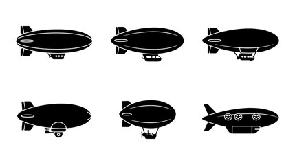 Airship Vector Icons Set, Vintage Dirigible Silhouettes, Retro Zeppelin Graphics, Classic Blimp Collection for Aviation and Travel Concepts © Sobur