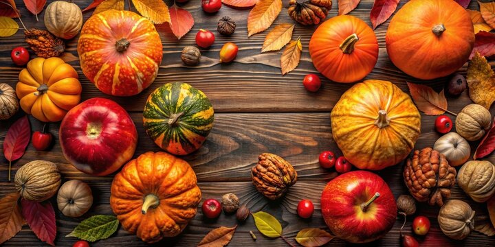 Autumnal Harvest Abundance A Rustic Tabletop Still Life Featuring Pumpkins, Apples, Nuts, and Fall Foliage