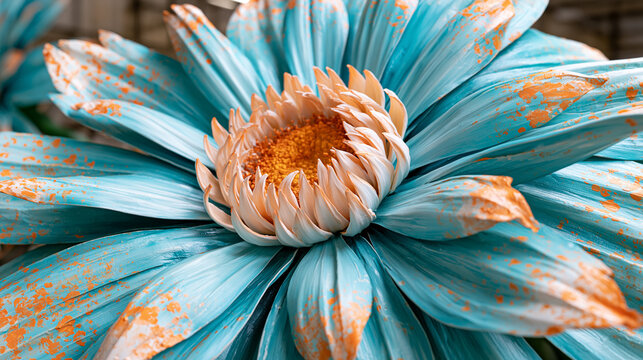 Food processing plant close-up of a single large papier-mache float flower detail from Thanksgiving parade construction, still damp under industrial fluorescent lighting backstage