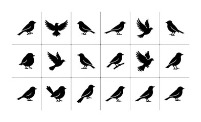Fototapeta premium 21 Silhouette Bird Icons, Vector Collection: Flying, Perched, and Standing Avian Graphics for Nature and Wildlife Designs