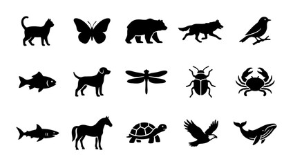 Obraz premium Diverse Animal Silhouettes Collection, Vector Icons for Wildlife, Nature, and Pet Themes, Black and White Graphic Elements