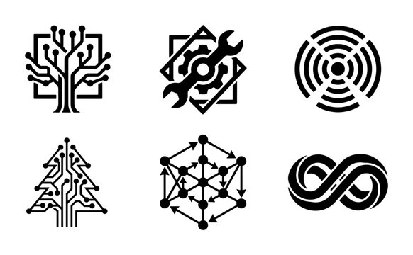 Modern Technology Icons Set: Circuit Tree, Gear Wrench, Network Signal, Data Flow, Infinity Symbol, Vector Graphics for Innovation & Engineering