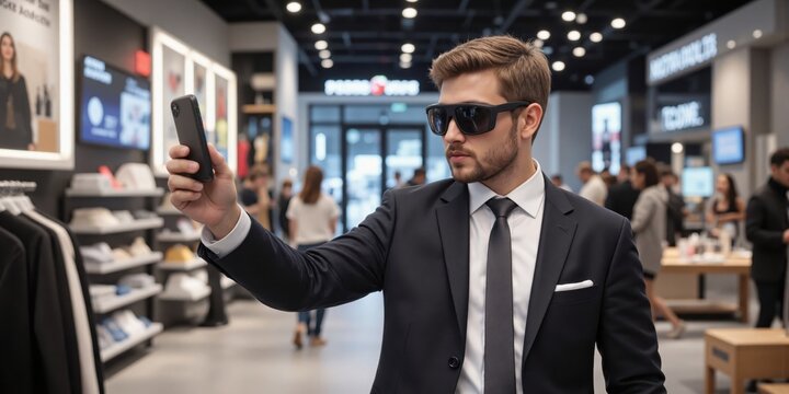 Future of Retail - Customer Shopping with Smart Glasses in Store A customer is wearing smart glasses while browsing products