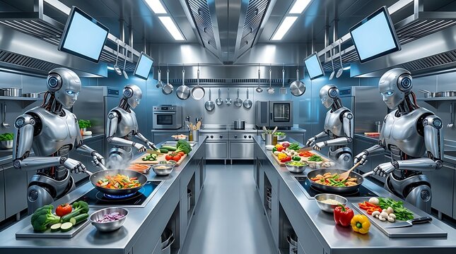Futuristic robotic chefs cooking in commercial kitchen, humanoid robots preparing fresh food, automated restaurant technology