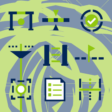 Abstract quality control icon set, nine flat geometric symbols