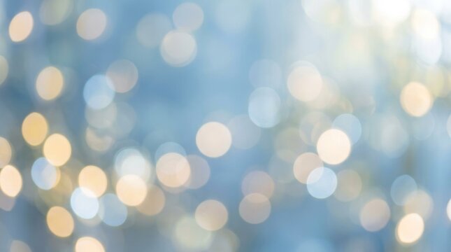 A blurred, abstract background of blue and white lights with a few golden dots, creating a bokeh effect.