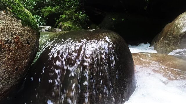 Small Cascade Over Smooth Rock in Ecuador Rainforest River, Clear Freshwater, Mossy Boulders and Tropical Jungle Nature Detail