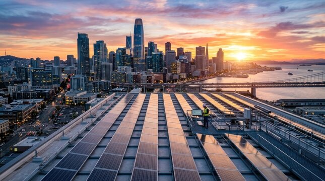 A city skyline at sunset with a rooftop solar panel array in the foreground.