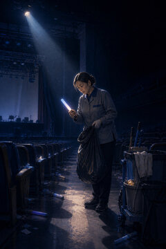 Cleaner Picking Up a Glow Stick in an Empty Concert Hall