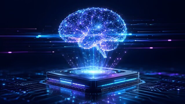 Quantum computing processor chip projecting holographic digital brain for advanced semiconductor industry applications