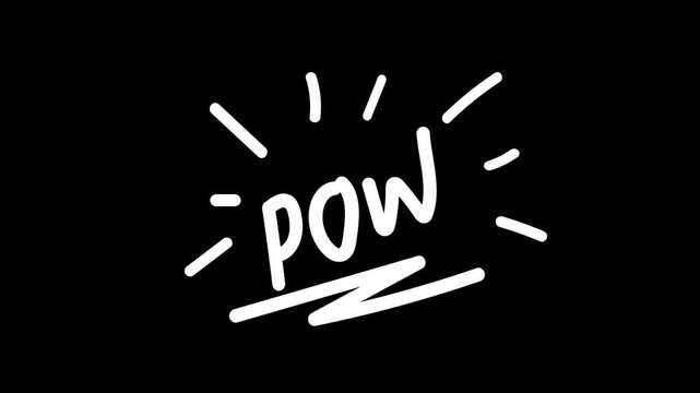 POW  doodle white text comic animation, for emotion isolated on black  background.4k video