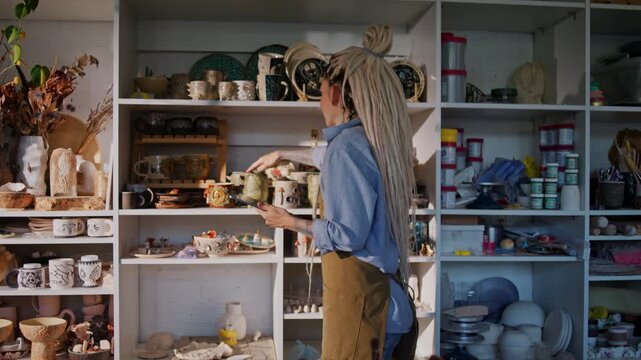 Woman potter reviews ceramic collection recording notes on tablet