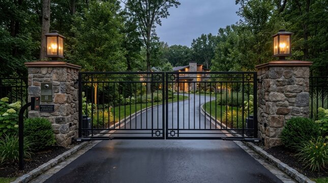 A grand, stone driveway leads to a luxurious home with a black wrought iron gate, surrounded by lush greenery and a tranquil pond.