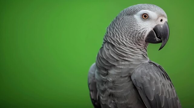 Gray parrot portrait on green background, calm African bird with dark beak, close up
