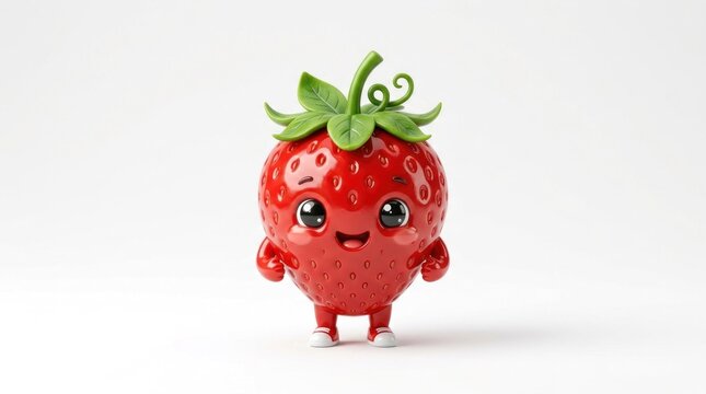 A cute, cartoonish strawberry character with a big smile, standing on two legs with arms outstretched, against a white background.