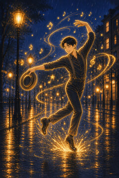 Man tap dancing on a rainy street at night