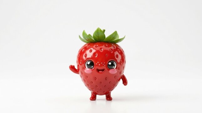 A cute, cartoonish strawberry character with a friendly expression, waving its hand, against a white background.