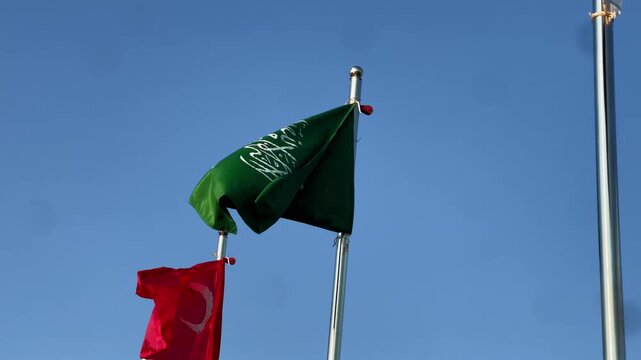 Saudi Arabia Turkey Flags Waving Together, International Relations and Economic Partnership Concept