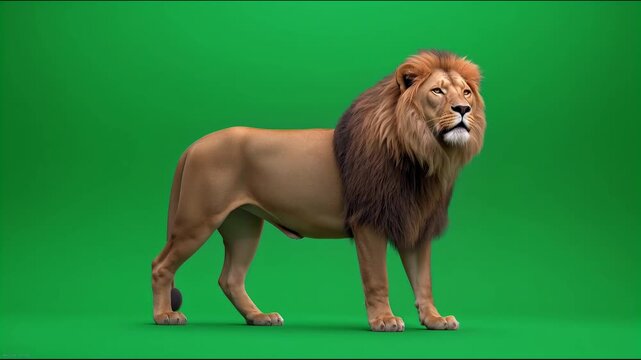 Majestic african lion standing against a solid green screen background 4K video for video editing