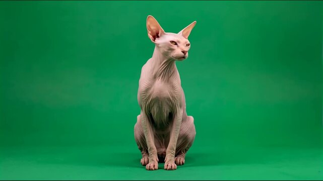 Sphynx cat sitting still against a solid green background screen for chroma key 4K video for video editing