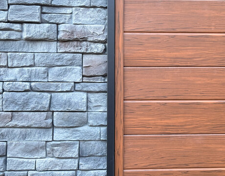 Modern architectural background featuring a split texture of gray stacked stone veneer and warm wood panel siding
