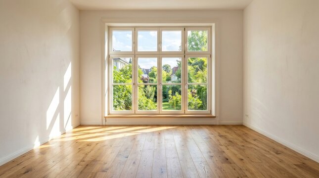 A spacious, empty room with white walls and wooden floors, featuring a large window with a view of a garden, and natural light streaming in.