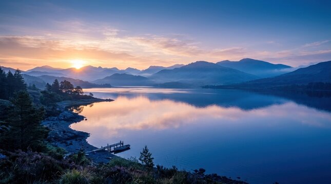 A serene lake at sunset with mountains in the background, reflecting the sky's colors, with a wooden dock and trees on the shore.