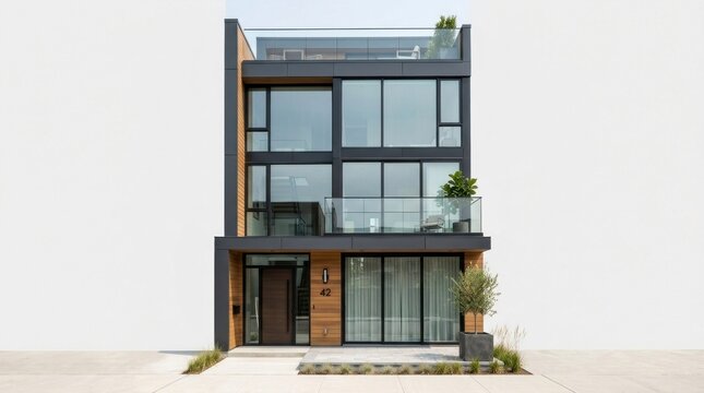 A modern, multi-story residential building with glass windows and a black exterior, situated in a white, minimalist setting.