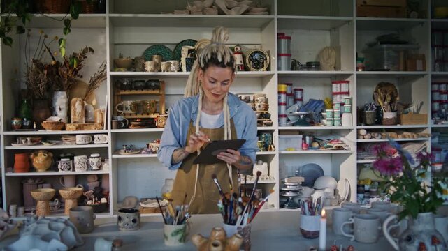 Woman potter records ceramic workshop notes on digital tablet