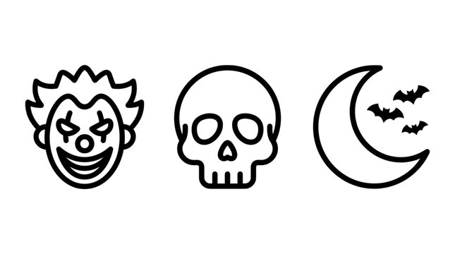Creepy clown face skull and moon with bats minimalist line art icons set halloween minimalist collection decoration crescent carnival illustration isolated elements celebration creative