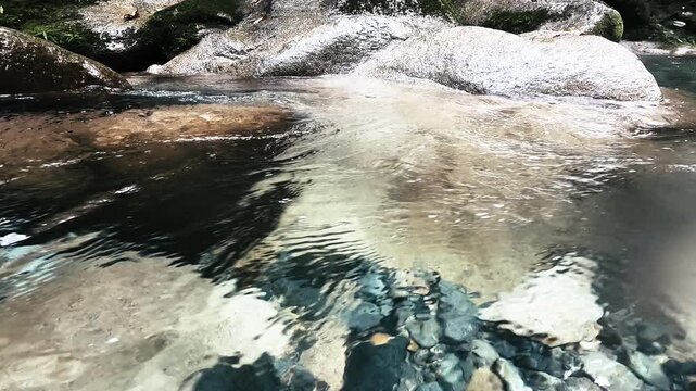 Clear Tropical River Pool in Ecuador Rainforest with Smooth Rocks, Freshwater Reflections, Whitewater Flow and Jungle Nature Background