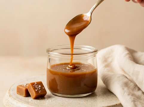 Smooth golden caramel sauce dripping from a spoon into a glass jar beside sea salted caramel candies.