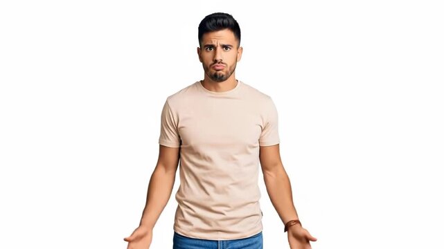 Confused young man shrugging his shoulders with a doubtful expression