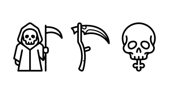 Grim reaper scythe and skull outline vector icons with skeleton halloween mystical illustration monochrome collection mythology character creature darkness