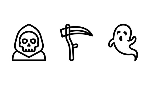 Grim reaper with skull hood scythe weapon and ghost outline icons halloween monochrome isolated minimalist skeleton mortality apparition supernatural