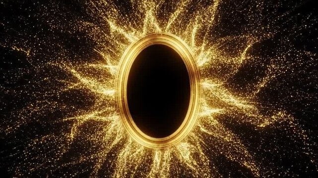 An oval mirror frame glowing with brilliant golden light and dust particles