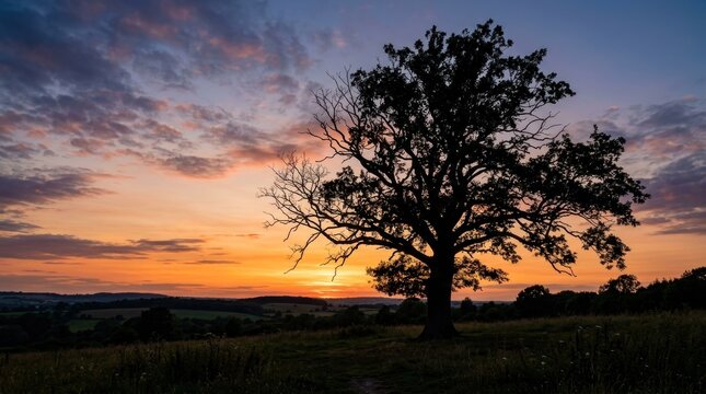 A solitary tree stands tall against a vibrant sunset sky, casting a silhouette against the colorful clouds. The tree's branches spread out, 