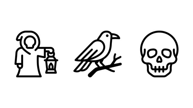 Grim reaper holding lantern raven on branch and human skull outline icons with skeleton halloween mysterious monochrome isolated illustration